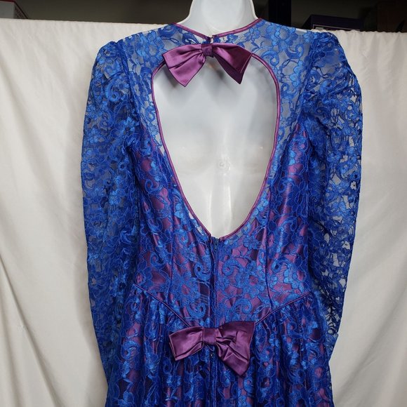 Vintage Formal Blue Lace Dress Purple Trim And Bows Union Made Prom 80s Retro - Picture 7 of 10